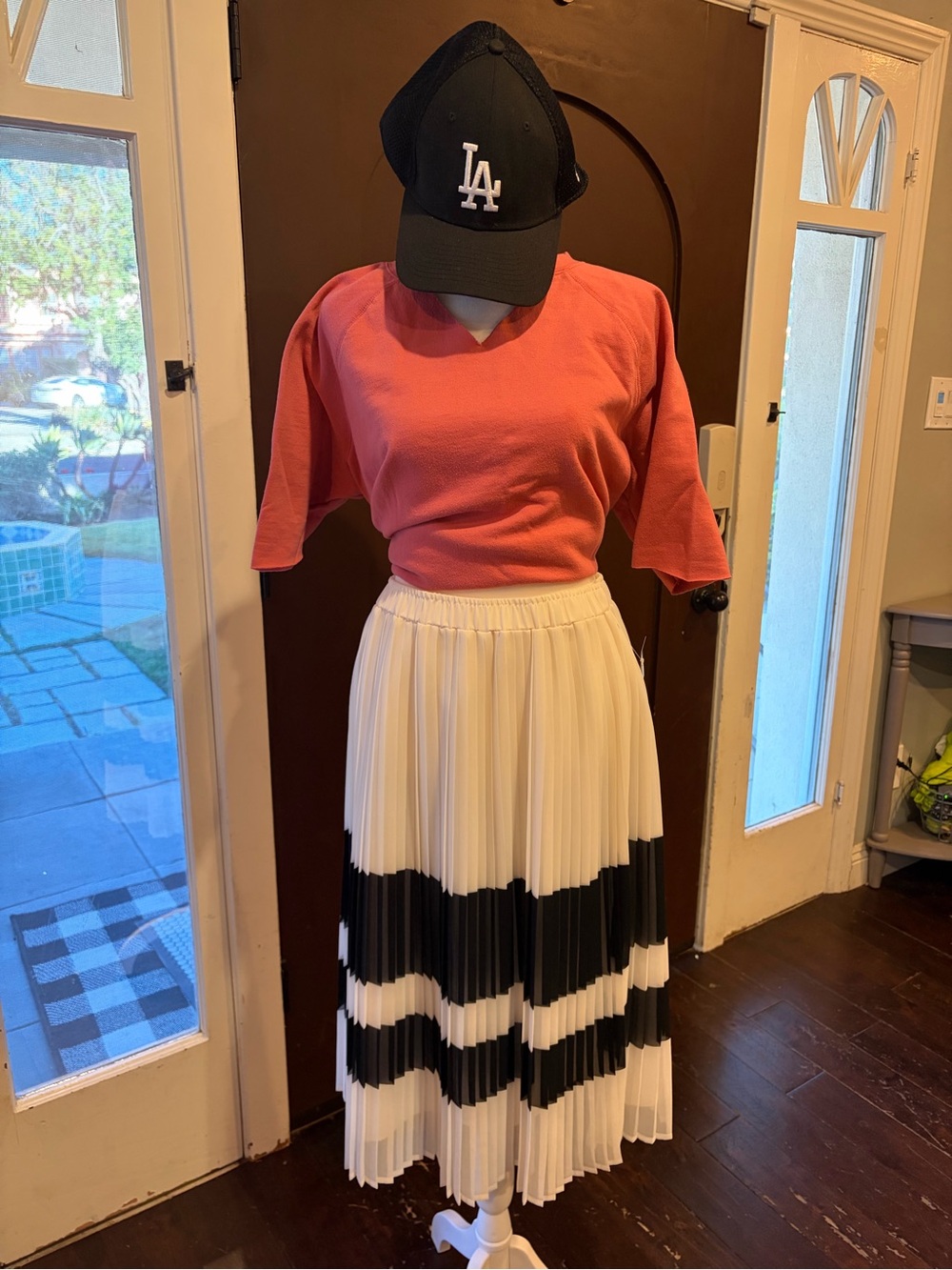 Who What Wear White Pleated Midi Skirt with Black Stripes